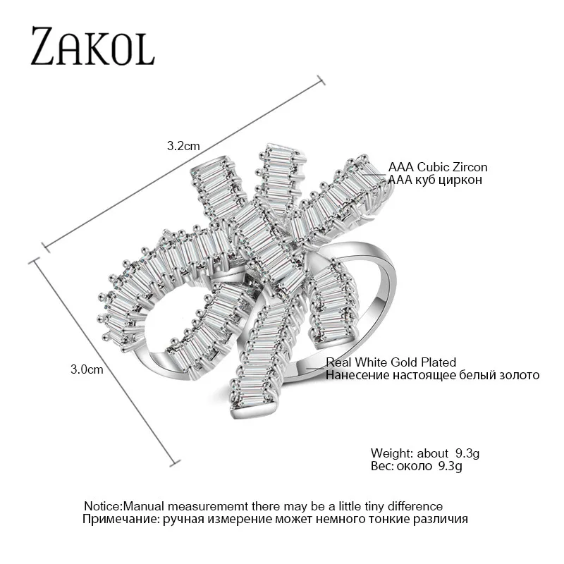 ZAKOL Роскошный белый багет кубический циркон палец кольца для женщин Мода бантом Свадебная вечеринка ювелирные изделия FSRP1045