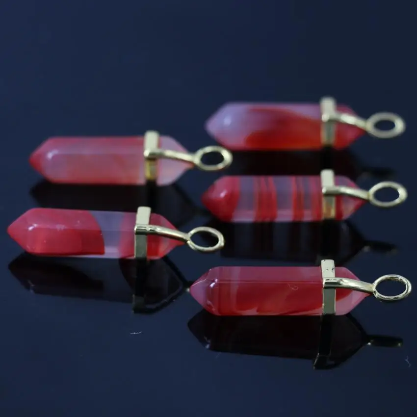 

Red Agate Hexagon Point copper Pendant,Gold Plated double points Synthesis stone Stick Reiki Chakra Pendant Necklace