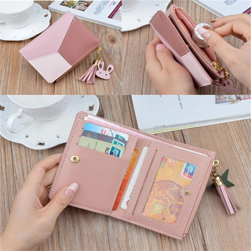

Cartera Mujer Luxury Brand Women Ladies Cute PU Leather Patchwork Three Colors Purse Short Wallet Purse Zipper