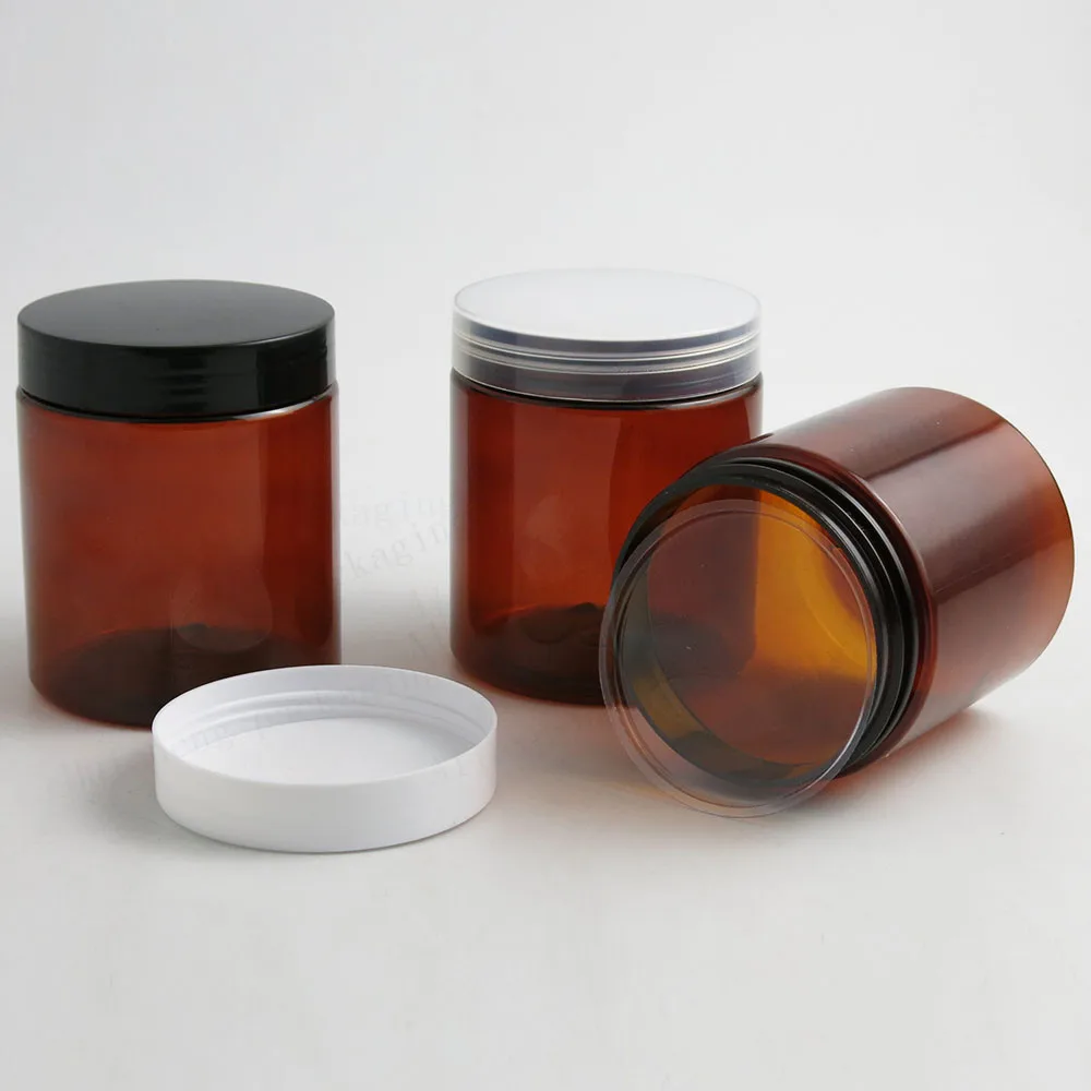 

20 x 250ML Amber Empty PET Jars with Black White Plastic Screw Lids, 250cc Cream Container