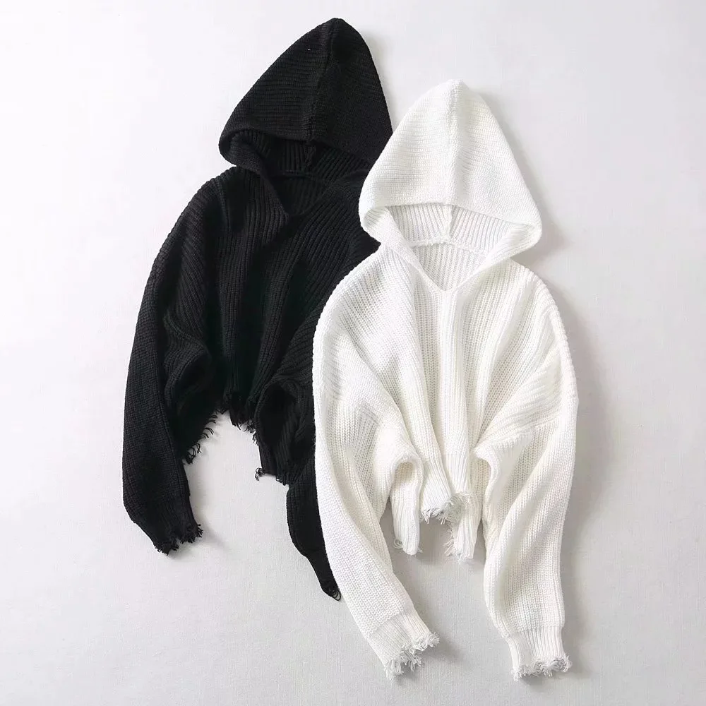 

Hooded Knitted Sweater Pullovers Women Tassel Short Sweater Crop Top Autumn Winter Clothing Female