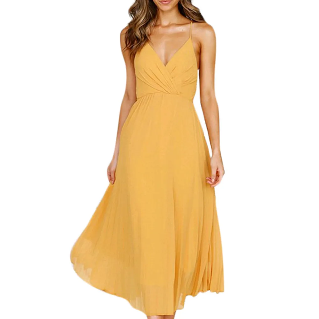 

JAYCOSIN new girl loose solid sundress Beach mid-calf polyester boho prom V-neck casual spaghetti strap dress Y528