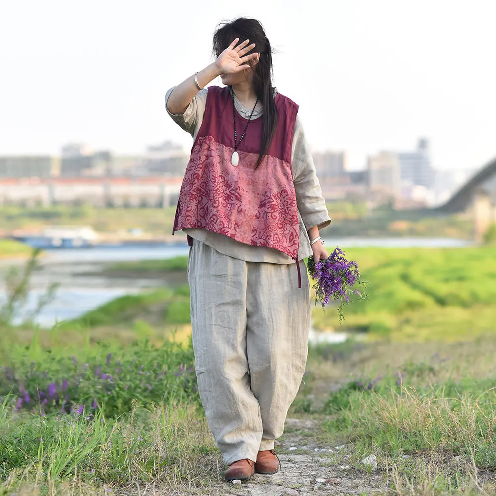Женская летняя одежда с принтом больших размеров, хлопковая льняная одежда без рукавов контрастных цветов, женский свободный винтажный Топ YoYiKamomo
