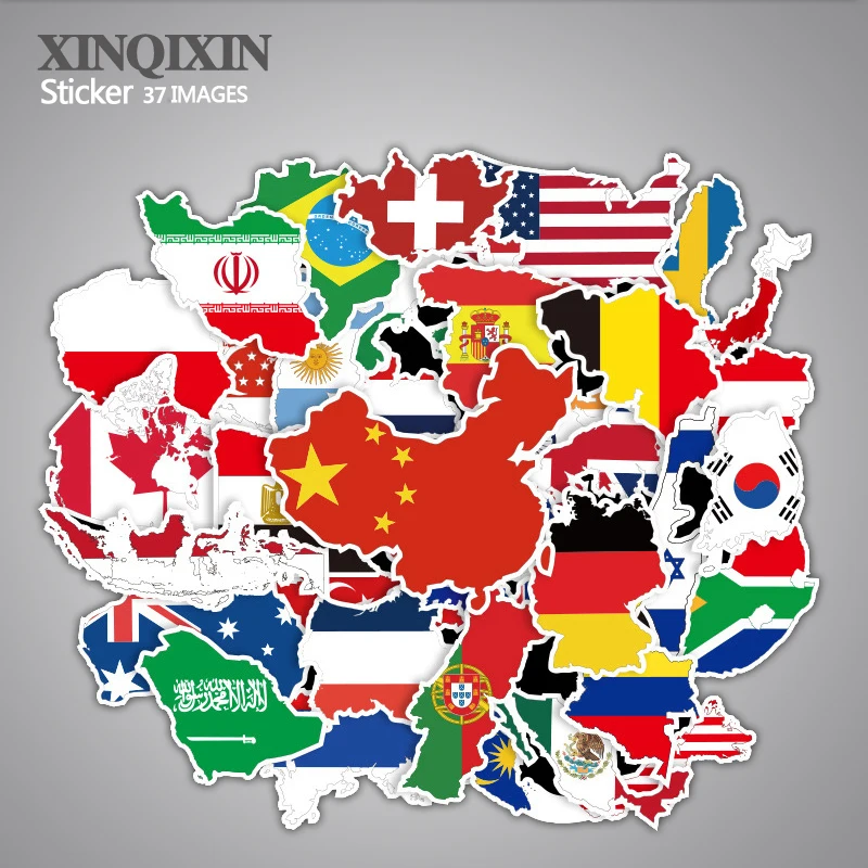 

37pcs / bag National Flag Pvc Adhesive Waterproof Stickers Fashion Trunk Brand Laptop Bag Stickers Toys