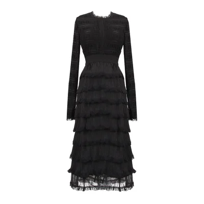 Женское элегантное шифоновое платье с каскадными оборками Летнее нарядное платье с коротким/длинным рукавом повседневное милое кружевное плиссированное платье - Цвет: black long sleeve