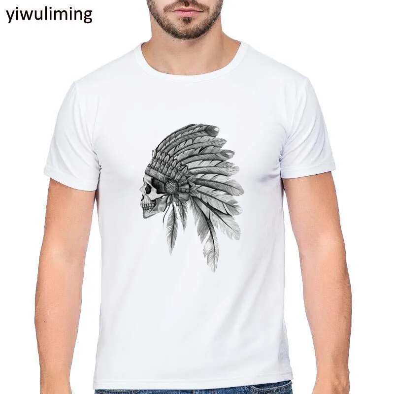 

Hip Hop Men Punk Indian Chief Skull T Shirts Short Sleeve Casual Tops Flower Floral Printed T-Shirt White Tee