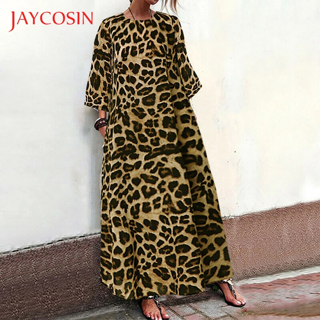 JAYCOSIN леопардовое женское платье с О-образным вырезом, свободное, рукав три четверти, летнее платье, длинное платье макси, винтажное платье, vestido lunares 716