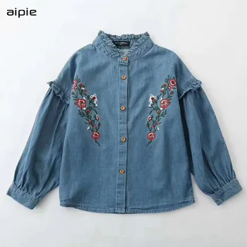 

New Children Blouses England Style Cotton 100% Solid Denim Full-sleeved Girl's Blouses Clothing For 4-13 Years