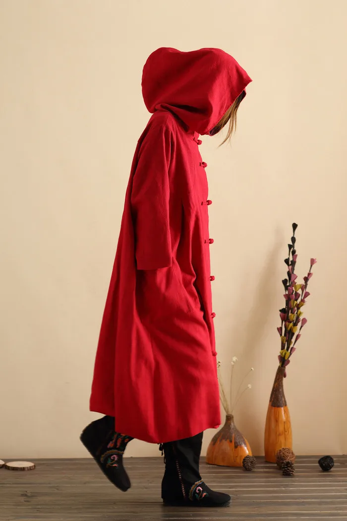 Осенне-зимний Тренч в стиле ретро с капюшоном из хлопка и льна, длинный халат волшебника, плащ-Пыльник, ветровка, Jaqueta Feminina