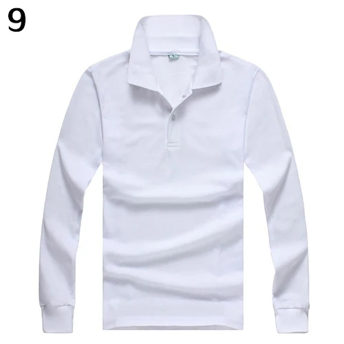 Мужская повседневная Однотонная рубашка поло с отложным воротником и длинным рукавом, пуловер, Топ - Цвет: White
