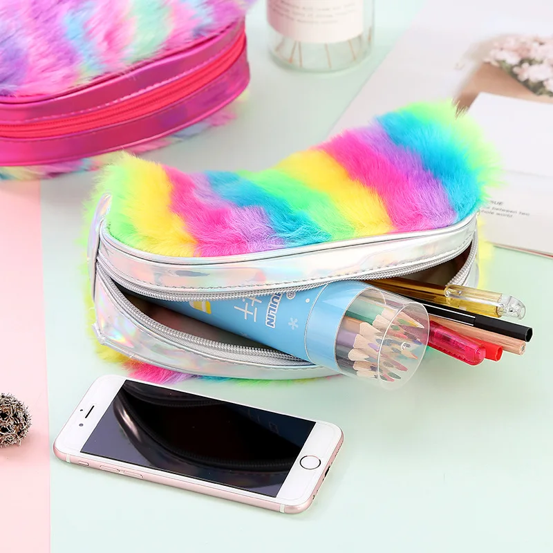 Grande Caixa de Lápis de Pelúcia Coloridos do Arco Pencilcase Suprimentos Caneta Escola Bts Bolsa Menina da Escola Dom Artigos de Papelaria Escola Caixa de Lápis Bonito 23 Grande arco íris lápis caso colorido de