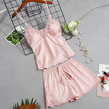

Women Pajamas Shorts Drawstring Girl Sleepwear Padded Pyjamas Sets Summer Silk Plus Size Casual Home Night Wear Sleep Dentelle