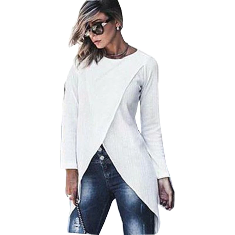 

Long tshirt women 2019 new autumn fashion long-sleeved V-neck irregular solid color women vetemment femme shirt vestidos OYM0945