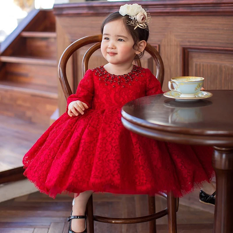 Красное Кружевное Платье на день рождения для малышей, платья на крестины для новорожденных, платья на крестины для маленьких девочек, платье принцессы для первого дня рождения для маленьких девочек