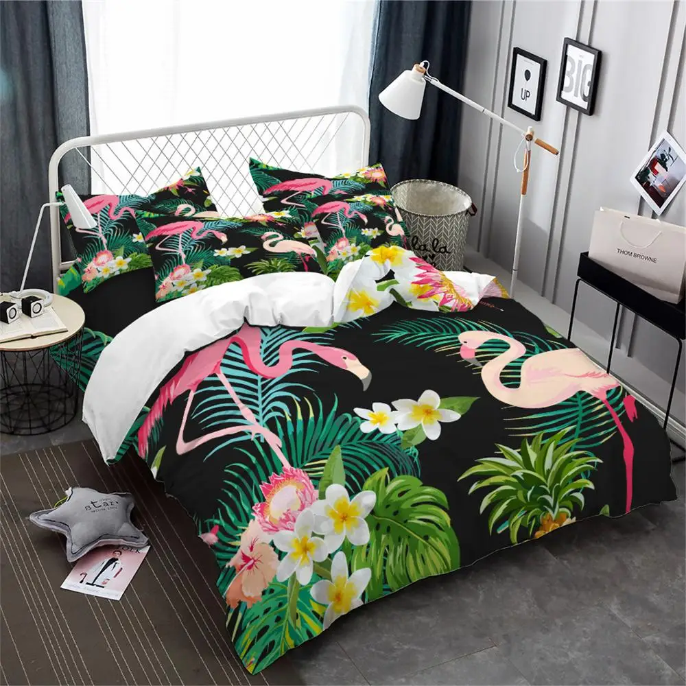 

Tropical Green Plant Leaves Bedding Set Jungle Flamingo Floral Printed Duvet Cover Set Twin Full Queen King Bedding 3Pcs D45
