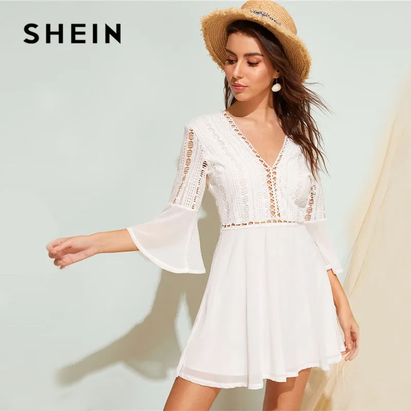 SHEIN التباين الكروشيه التعادل عودة الأبيض اللباس المرأة بوهو V الرقبة خط فستان صيفي عالية الخصر انتفض كم عارية الذراعين مثير اللباس