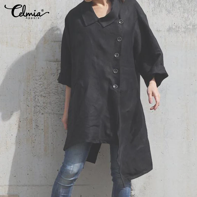 Ceny 2019 Celmia kobiety Retro bluzka moda asymetryczne bluzki dama z długim rękawem przyciski dorywczo luźna długa koszula Plus rozmiar Blusas Mujer
