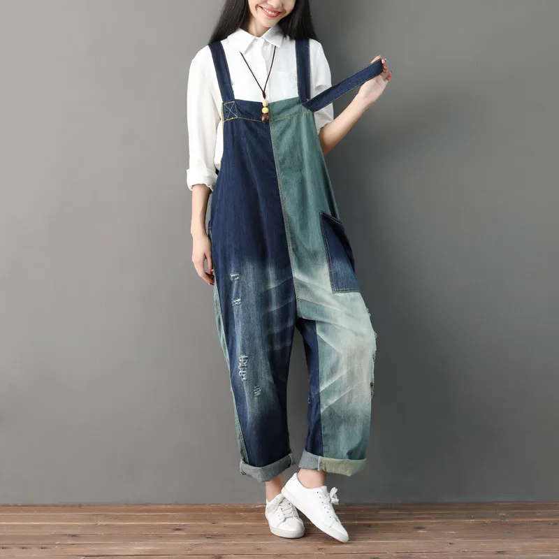 Bib Denim Women Overalls Baggy Jean Jumpsuit Rompers Lady Patchwork Big Pockets Hole Hollow Out Female Suspender Pants checked printing women summer jumpsuits side pockets loose lady jumpsuit