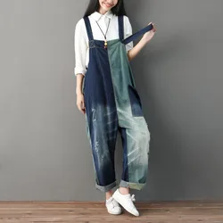 Peto vaquero holgado para mujer, Mono vaquero de talla grande, pantalones de retales con bolsillos grandes, con agujeros, con tirantes