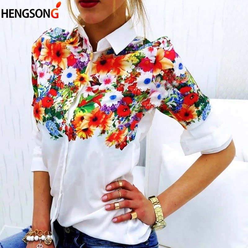 Ladies Office Floral Flower Printing Blouse Shirts Women Spring Shirt Long Sleeves Casual Slim Fit Blusas Female Clothing Tops | Женская