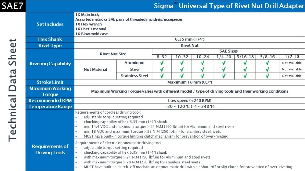 Sigma# SAE7 сверхмощные заклепки с резьбой гайка Дрель адаптер беспроводной или электрический электроинструмент аксессуар альтернатива воздуха заклепки гайка пистолет