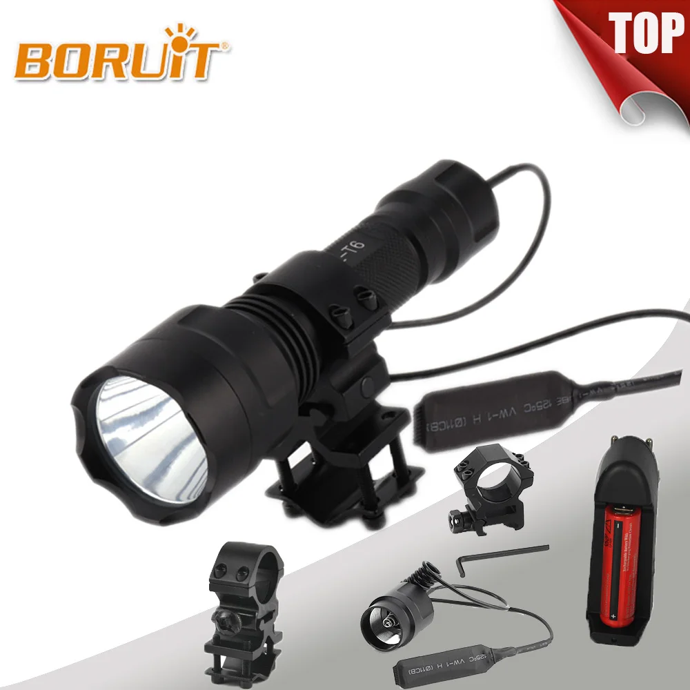 

BORUIT Strong Light 2200 Lumens XML T6 Tactical LED Flashlight High Power Bright 18650 Battery C8-T6 5-Modes led Torch Gun Mount