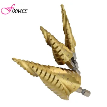 

3PCS HSS Spiral Cone Titanium Coated Metal Core Step Drill Bit Set 4-12mm 4-20mm 4-32mm Hex Shank High Speed Steel Drilling Tool