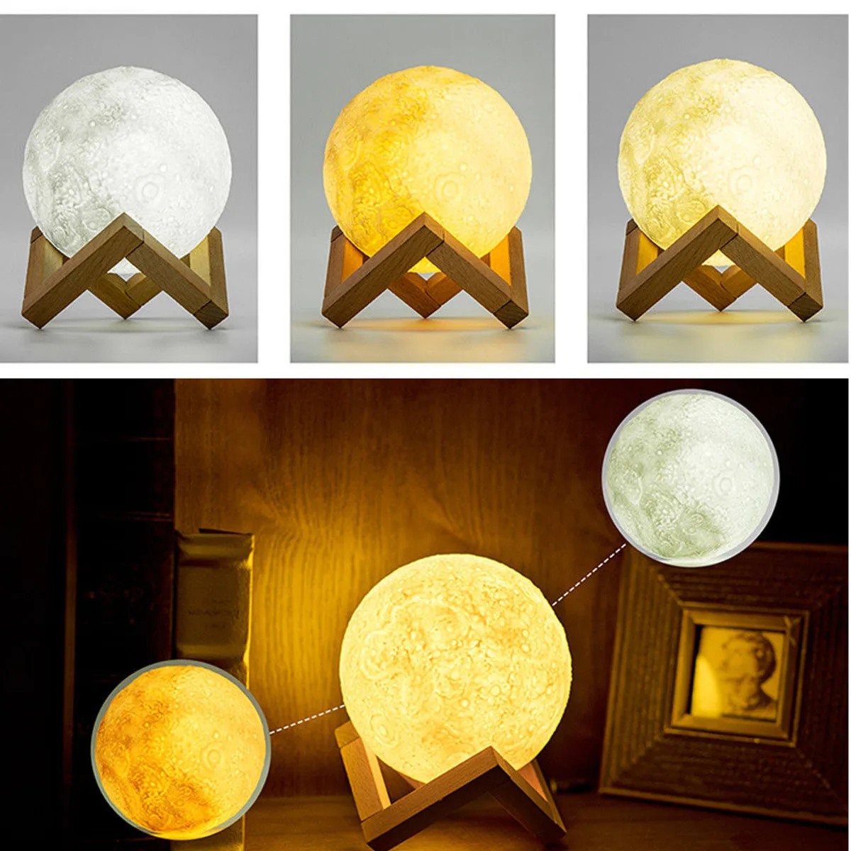 

Rechargeable 3D Lights Print Magical Moon Lamp 3 Color Change Touch Switch Bedroom Bookcase Usb Led Night Light Home Decor Gift