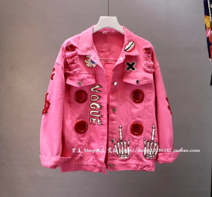

Women'S Denim Jacket Fashion New Personality Graffiti Ripped Holes Loose Jean Coat Female Casual Clothing Outerwear