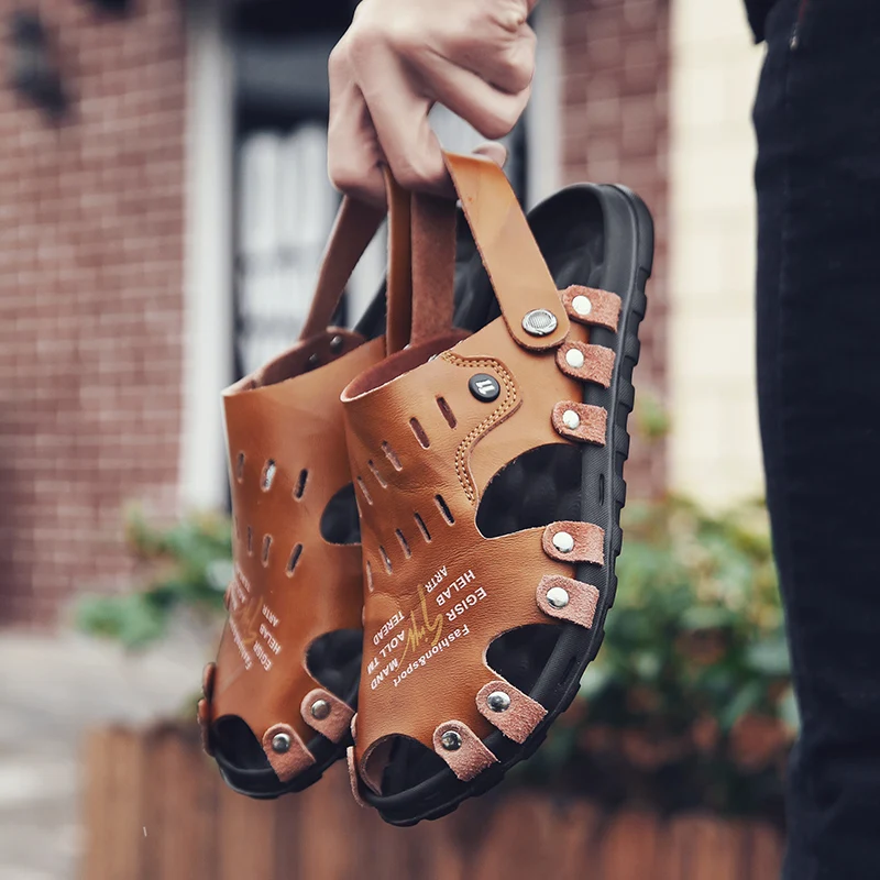 

2019 Summer Men Sandals Breathable Leather Men's Beach Sandals Fashion Men Casual Shoes Comfortable Slip-on Casual Sandal Men