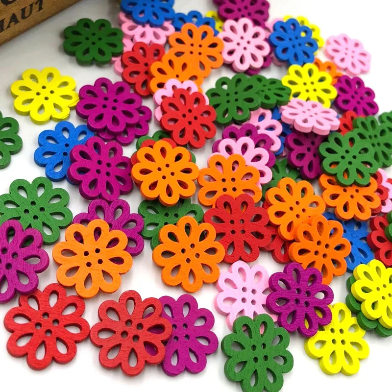 

100pcs New Color Mixed Colored Hollow Flower Wooden Buttons Four Holes Handmade DIY Decoration Sewing Accessories WB144