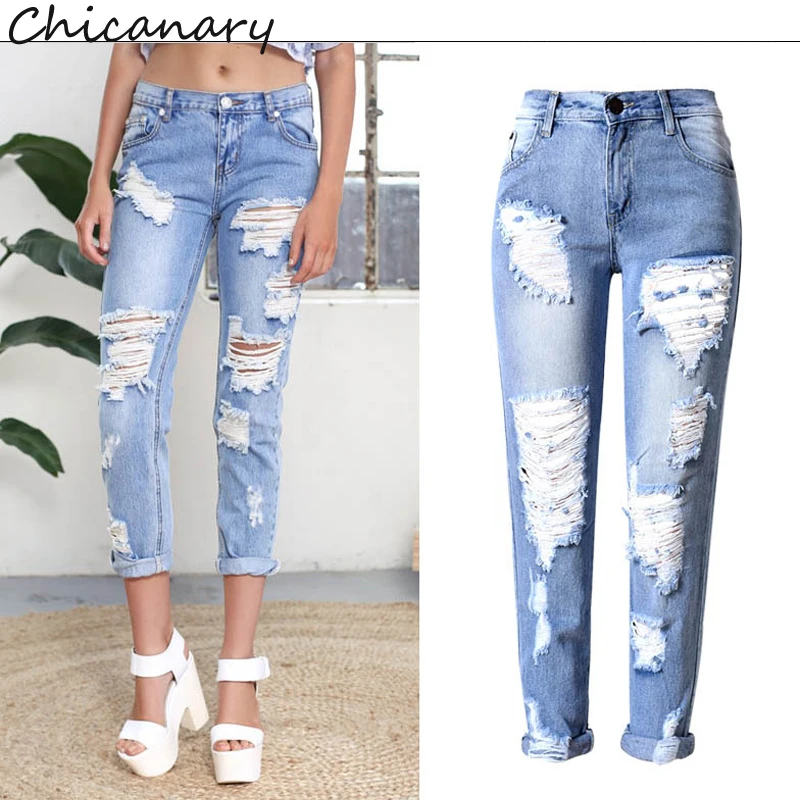 Chicanary 2017 New Ripped Frayed Mid Rise Denim Jeans Skinny Pants Women Europe Fashion Casual Jeggings