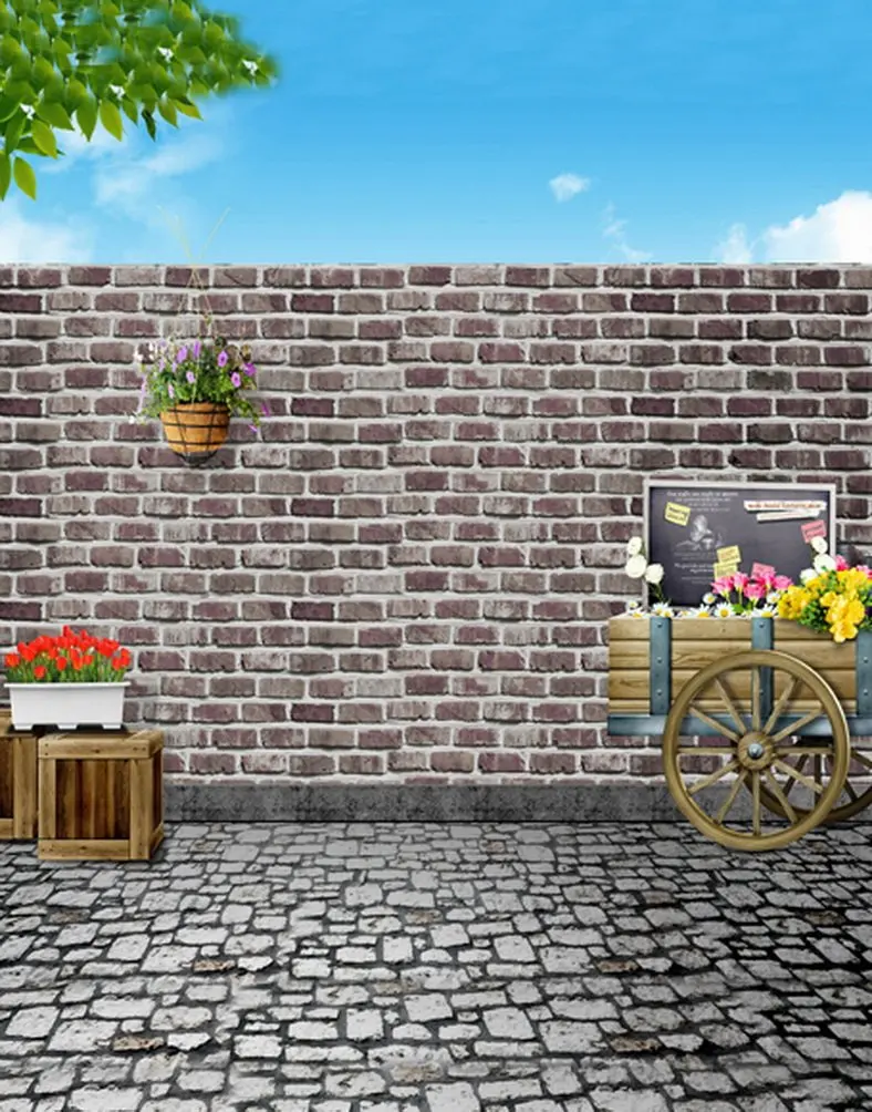

5x7ft Stone Floor Brick Wall Flowers Photography Backdrops Photo Props Studio Background