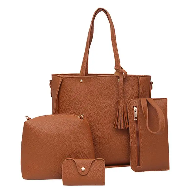 

Yfashion 4Pcs/Set Women PU Leather Fashionable Fringed Bags Set Satchel + Handbag + Card Bag + Wallet