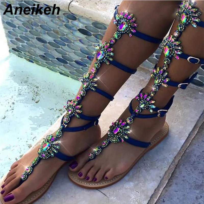 

Aneikeh Summer Flats Sandal Gladiator Gold Rhinestone Knee High Buckle Strap Woman Boots Bohemia Style Crystal Beach Shoes blue