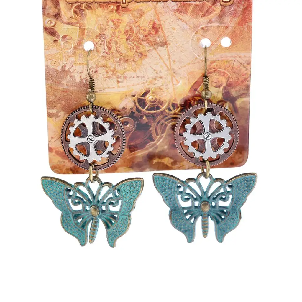 Gothic SteamPunk Gear Earrings Butterfly Dangle Punk Antique Women Jewellery