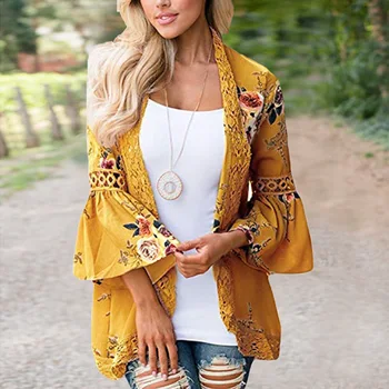 

Hot sale Women Yellow Cardigan Long Sleeve Female Tops Lace Cardigan Autumn Patchwork Floral Lady Kimono Cardigan Outwear