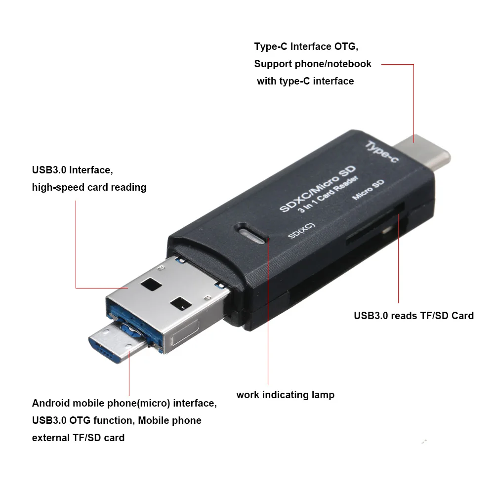Тип Закрытая акционерная Компания C& Micro USB и USB 3 в 1 USB OTG кард-ридер высокоскоростной USB2.0 Универсальный OTG TF/SD для Android и ПК, удлинитель-переходник