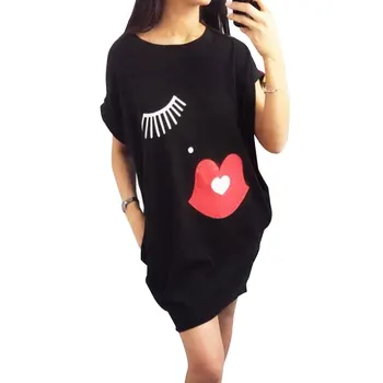 

Newly Women's Loose Lips Lash Print Round Neck Short Sleeve Mini Dress with Pockets DO99