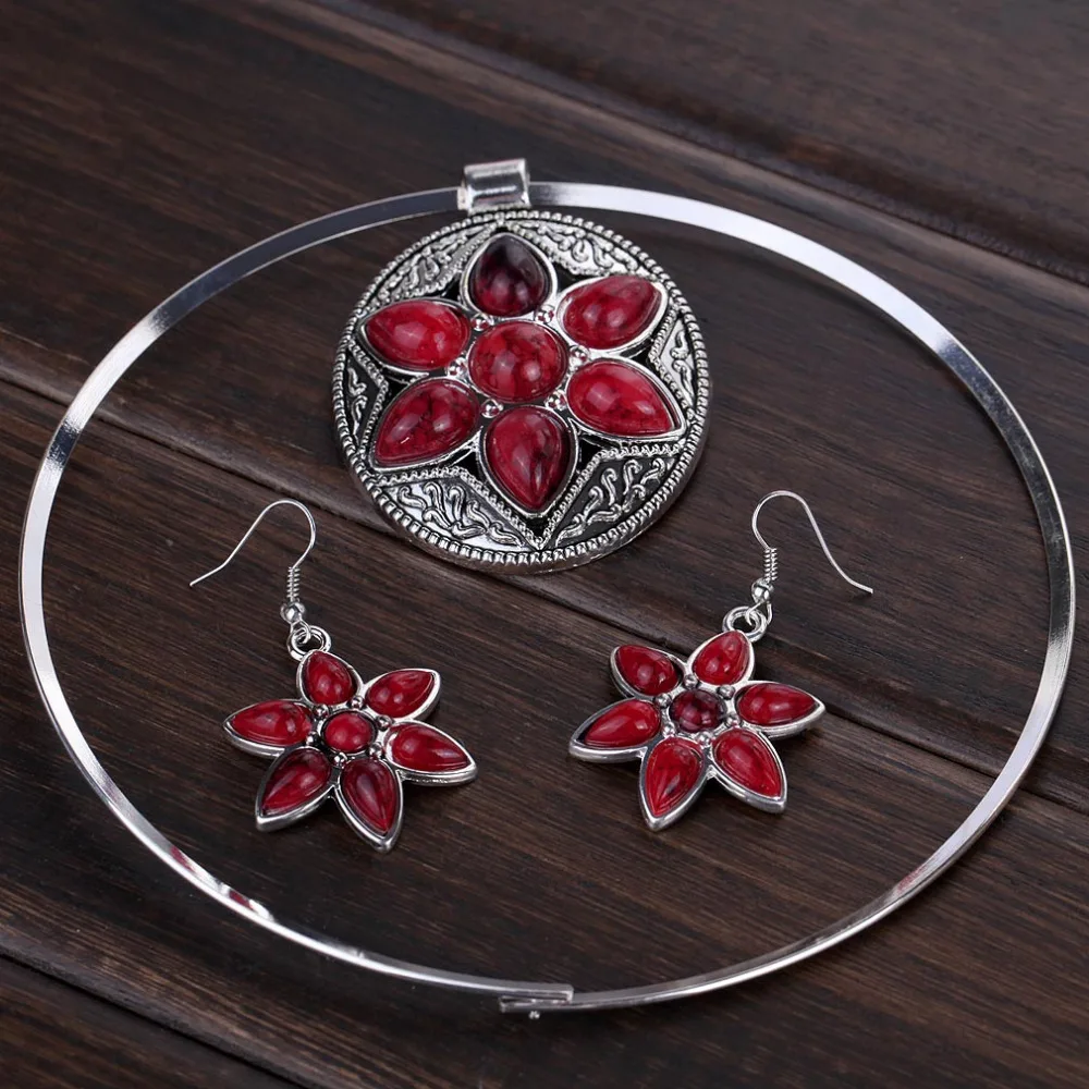 YAZILIND Fascinating Deep Red Turquoise Oval Design Alloy Jewelry Necklace Earring Set N234 | Украшения и аксессуары