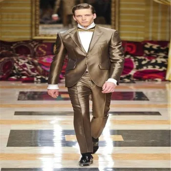 

Latest Coat Pant Designs Gold Satin Suits for Men Formal Slim Fit Lighting Costume Custom Stage Men Tuxedo 2 Pieces Suit