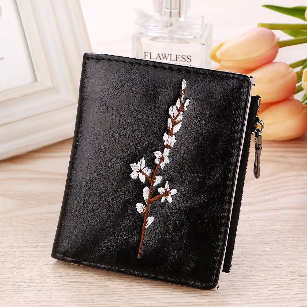

DUDINI Flower Design Women PU Leather Wallets Ladies Clutch Short Money Wallets 2 Folds Card Holder Zipper Coin Change Purse Bag