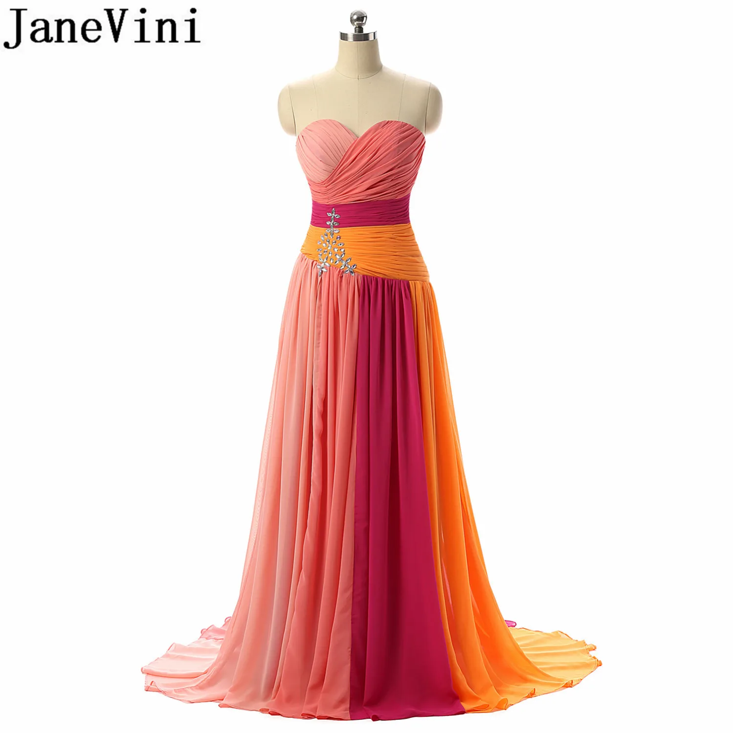 

JaneVini Elegant Candy Color Long Prom Dresses 2019 Beaded Gala Party Gowns Sleeveless Pleat Chiffon Women Formal Evening Wear