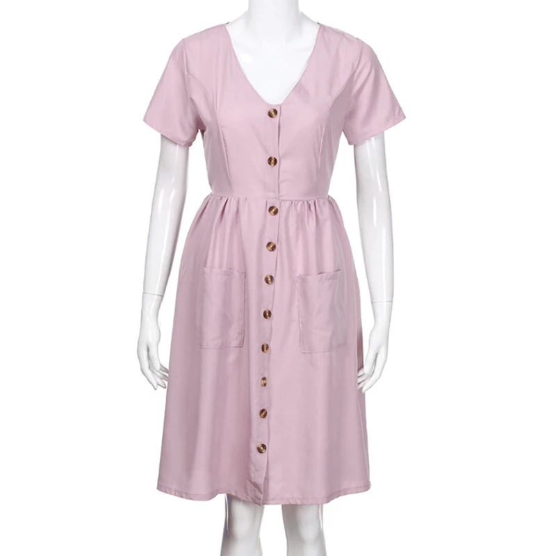 Women's Sexy Summer Dresses 2019 Boho Short Sleeve Button Solid Midi Dress Sundress With Pockets Lady Beach Party Dress Vestidos