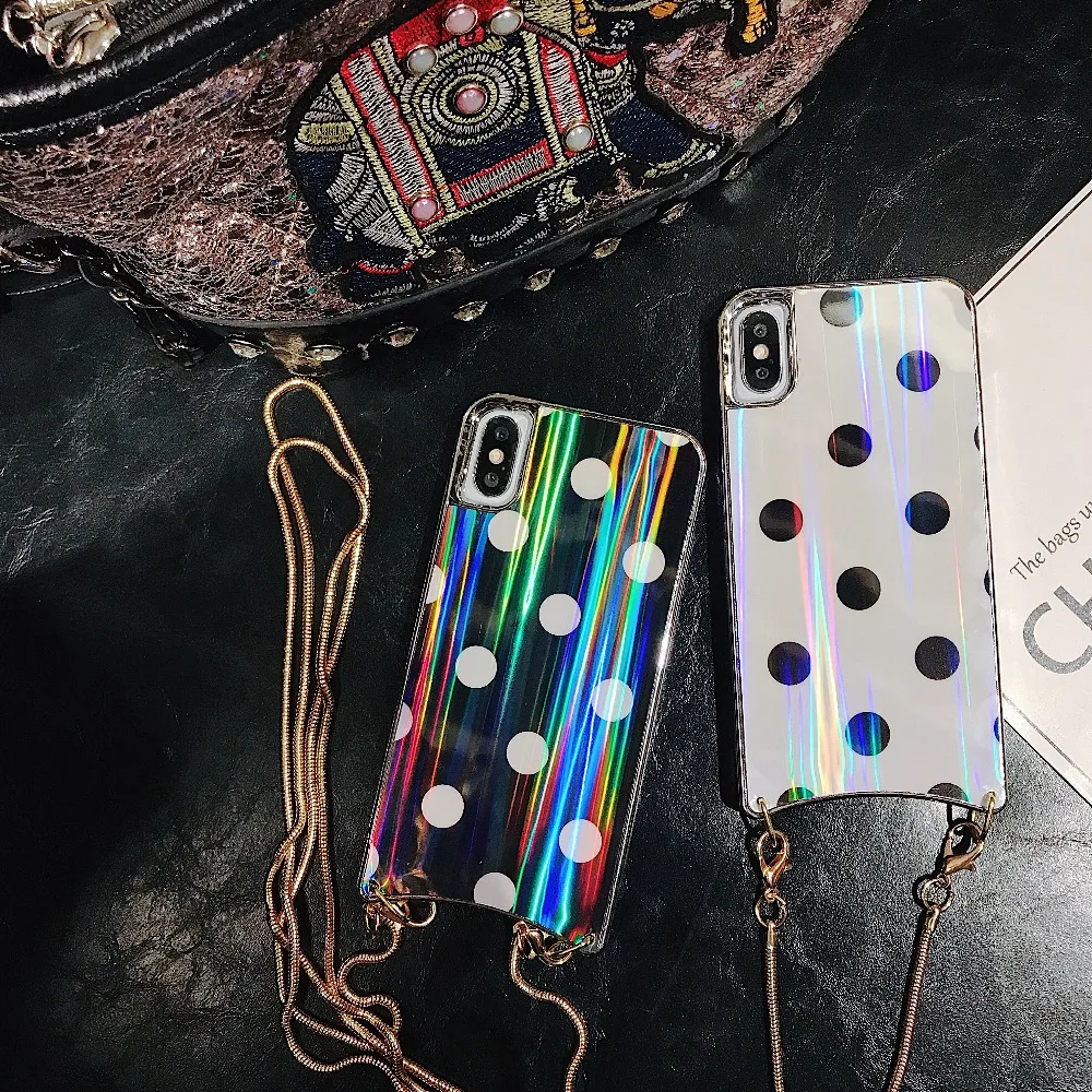 Girly Case For iPhone Xr X Xs Max Cover Korean Aurora Gradient Color Dot Skin Bag Cases For iPhone 7 8 Plus 6S Case + Long Chain (2)