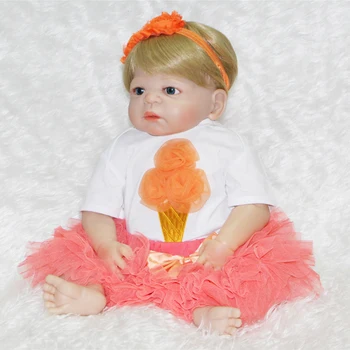 

22 Inch Doll Full Body Silicone Reborn Baby Realistic newborn Baby girl Doll Orange Puff dress bebe complete silicone reborn