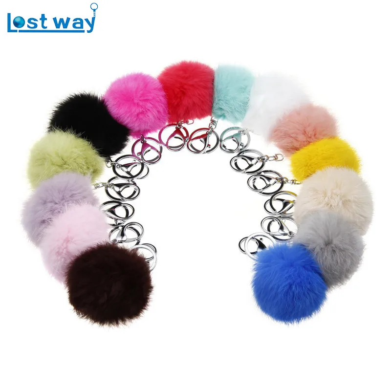 

LOST WAY Fashion 7cm Silver Plated Rabbit Fur PomPom Keychain Genuine fur pompom keychains Fur Ball Key Chain Keys for lover