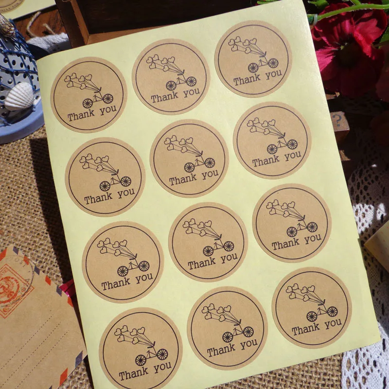 

120pcs/lot Round Kraft Paper Seal Sticker Romantic Bicycle Heart Holiday Thank You Stickers Packaging Label Material Supplies