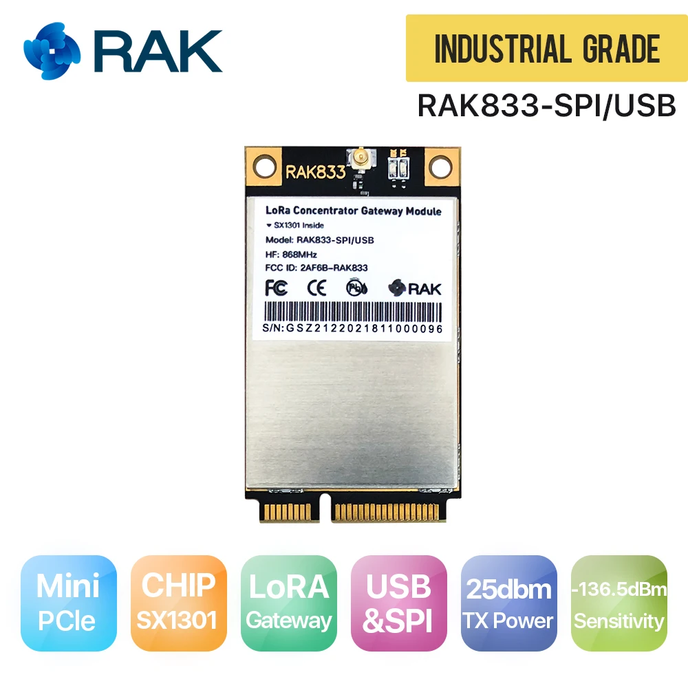 

RAK833 SPI&USB Industrial Grade Mini PCIe LoRa Gateway Concentrator Module, SX1301 & FT2232H Chip, 868/915MHz, support SPI & USB