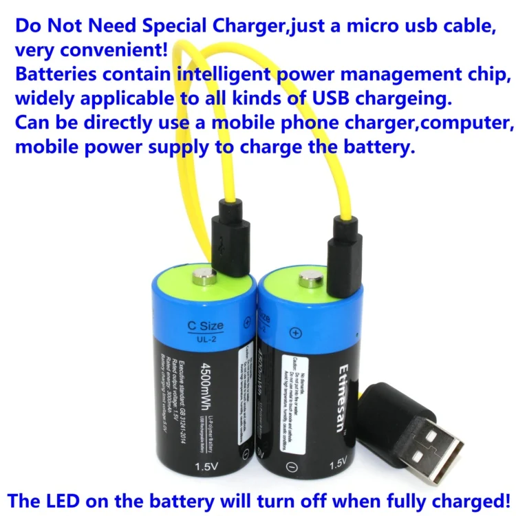 Us 17 99 50 Off 2pcs Etinesan 1 5v 4500mwh C Size Lithium Li Polymer Big Capacity C Type Usb Rechargeable C Battery Usb Charging Cable Usb